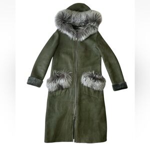Women's Genuine Fox Fur Hooded Full Zip Shearling Long Coat Olive Green M runs S